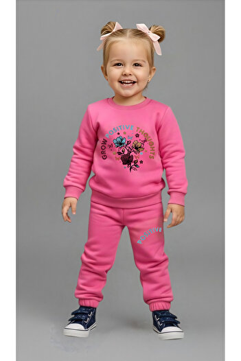 Beray Bebe Girl's Three-Thread Embroidered 2-Piece Set |   Sweatshirt & Sweatpants |   Floral Printed