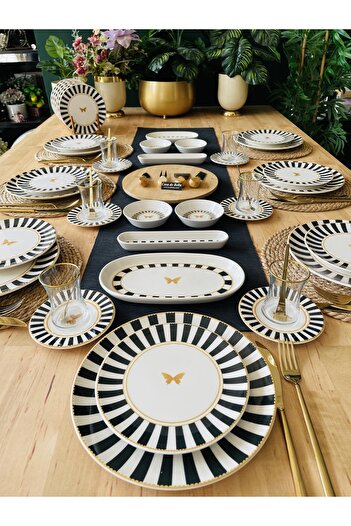 CASA DE BELLA Black Striped 39 Piece Breakfast Set for 6 People