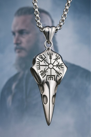 voyageaccessory Viking Vegvisir Rune-Emblazoned Raven Skull Steel Necklace