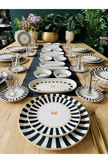 CASA DE BELLA Black Striped 76 Piece Breakfast Set for 12 People