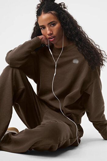 HepsitrentStore Brown Oversize Crew Neck Long Sleeve Sweatshirt
