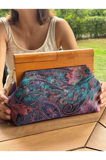 JOPHIEL Penalope Collection - Chain, Wooden Handle Fabric Bag, Clutch, Handbag, Purse
