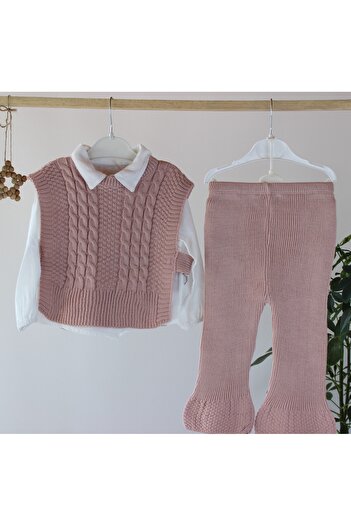 genybaby Baby Girl 3-Piece Knitwear Set |   Knitted Sweater + White Shirt + Pants |   Autumn/Winter Combination