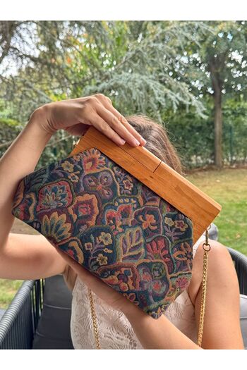 JOPHIEL Penalope Collection - Chain, Wooden Handle Fabric Bag, Clutch, Handbag, Purse