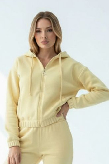 Mogi Butik Women's 3 Thread Fleece Lined Hooded Zippered Short Cardigan 3098