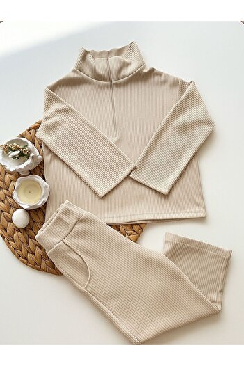 CANSU BUTİK Girl's Velvet Thin Double Long Suit Cream