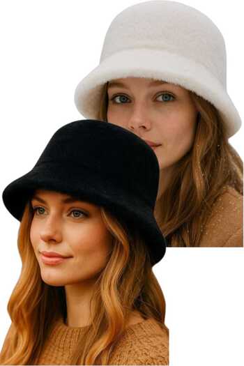 Trenderrs Women's Soft Plush Adjustable Drawstring Bucket Hat Set of 2