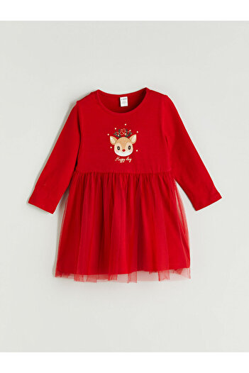 LC Waikiki Crew Neck Christmas Themed Girl's Dress