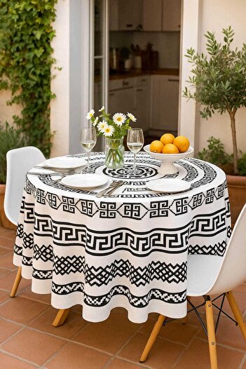 merland benvecocuk Round Geometric Black Patterned Duck Fabric Tablecloth 150X150 cm