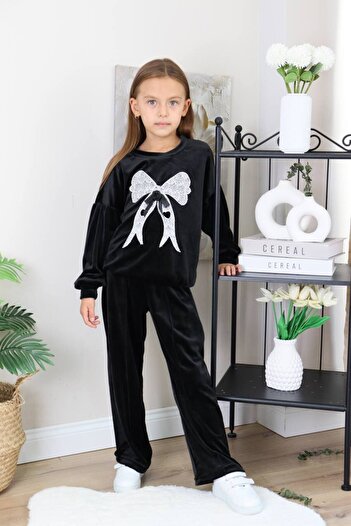 ARBİ kids Girls' French Velvet Fabric Balloon Sleeve Detailed Embroidery Two-Piece Set with Waist Belt