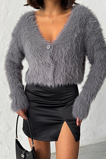 Lusin Women's Grey Buttoned Short Premium Plush Cardigan
