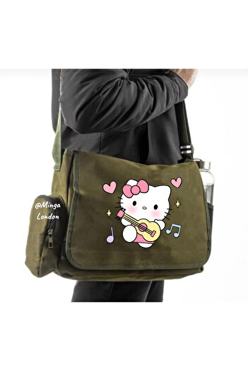 Minga London Khaki Hello Kitty Guitar Printed Messenger Bag -Mingalondon
