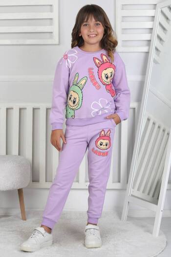 ARBİ kids Girl's Labubu Print Brushed Two-Thread Fabric Full Mold Suit