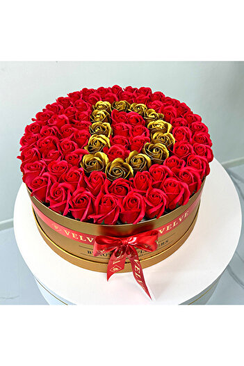 velve Personalized floral arrangement with the letter D, in a round gold box with 55 soap roses, Letter D