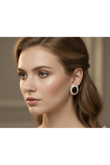 Manu Collection Women's Gold Black Zircon Stone Steel Stainless Earrings Vintage Series