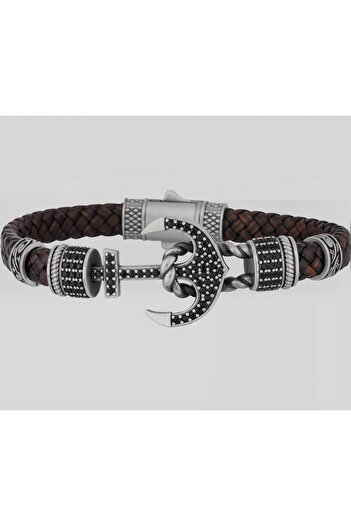 clawleather Men's Bracelet Genuine Leather Bracelet with Zircon Inlaid Anchor Figure