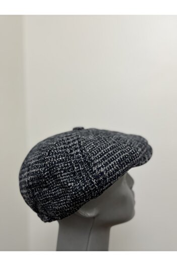 Butik Mavi Erkek Kışlık Kaşe Kumaş Desenli Arkası Lastikli Standart kasket Şapka (Newsboy Cap)