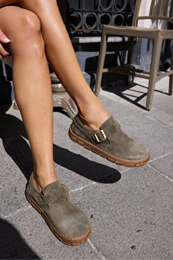 ANGELİNA JONES Alessi̇ Women's Green Khaki Real Suede Loafer Shoes