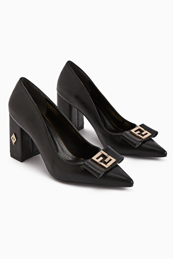 Limoya Melly Black Buckle Thick Heeled Women's Shoes