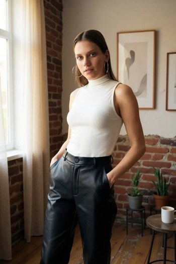 Imoda Women's White Sleeveless Turtleneck Basic Blouse