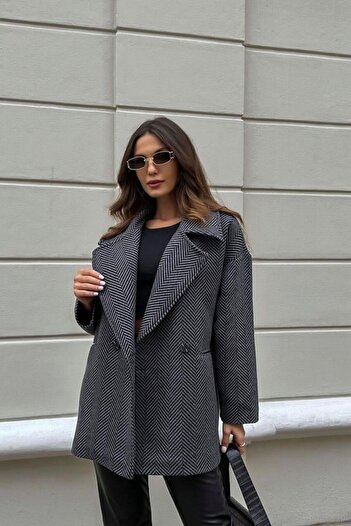 MATTİ MODA Kadın Balık Sırtı Oversize Gri Kısa Kaban