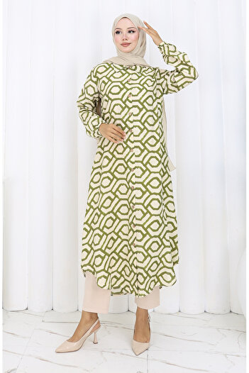 sefamerve Viscose Fabric Full Buttoned Long Tunic 0175-03 Khaki
