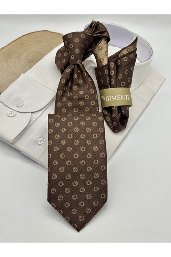 Gutiero Brown Patterned Classic Tie with Handkerchief