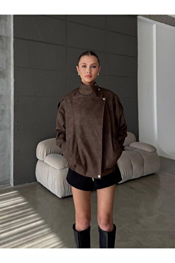 GM Butikk New Season Oversize Biker Jacket Women's Leather-Suede Jacket High Collar