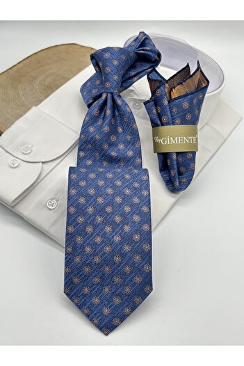 Gutiero Blue Gold Patterned Classic Tie with Handkerchief