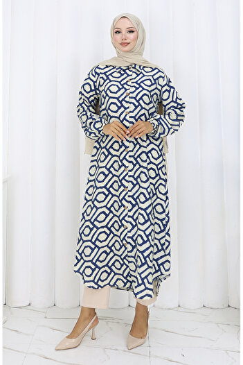 sefamerve Viscose Fabric Full Buttoned Long Tunic 0175-01 Navy Blue