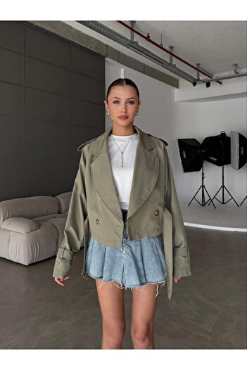GM Butikk New Season Women's Cropped Trench Coat Oversized Belted Epaulet Short Jacket Women's Jacket