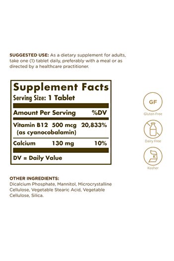 Solgar Vitamin B12 500 mcg - 100 Tablets - Vegan, Gluten Free, Dairy Free, Kosher - 100 Servings