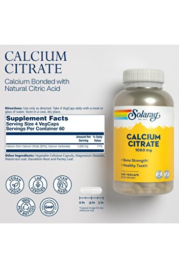 Solaray Calcium Citrate 1000mg - Supports Bone & Teeth Health - 240 VegCaps