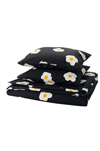 IKEA Ögonlocksmal Double Bed Linen Set, Black-White-Yellow, 240X220/50X60 cm
