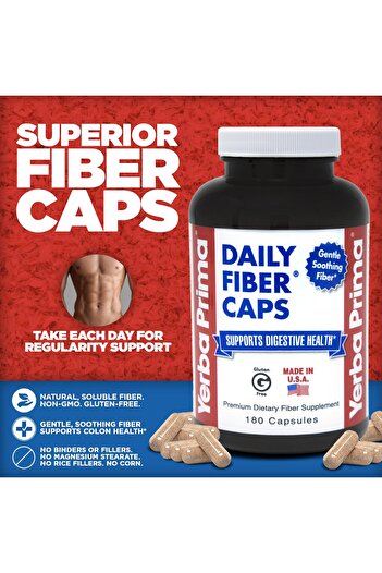 Yerba Prima Daily Fiber Caps - 180 Capsules - Soluble & Insoluble Fiber for Gut Health - Vegan, Non-GMO