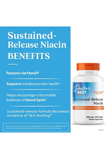 Doctor's Best Doctors Best Sustained-Release Niacin with niaXtend, Supports Heart Health, 120 Tablets