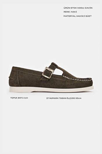 NİŞANTAŞI SHOES Gavin Khaki Genuine Leather Suede Flat Sole Buckle Mary Jane Loafer Women's Shoes