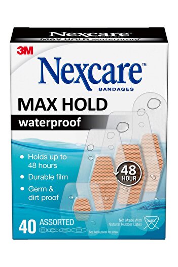 Nexcare Max Hold Waterproof Bandages, Stays On 48 Hours for Fingers, Knees, Heels - 40 Pack