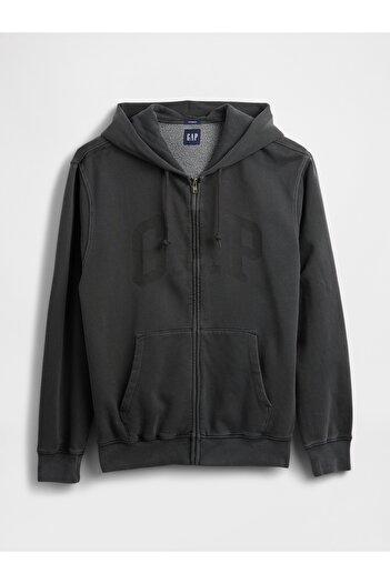 GAP Erkek Siyah VintageSoft Arch Logo Tam Fermuarlı Sweatshirt