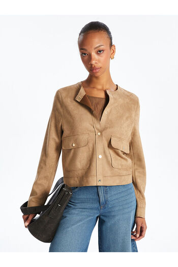 LC Waikiki Beige Crew Neck Suede Look Women's Jacket