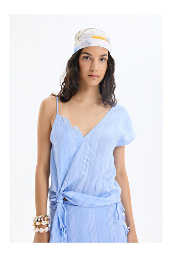 LC Waikiki Lace Detailed Pinstripe Blouse Blue