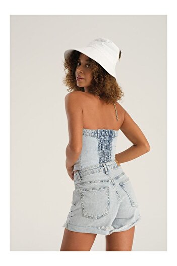 LC Waikiki Blue High Waist Jean Color Women's Jean Shorts with Ripped Detail on the Front