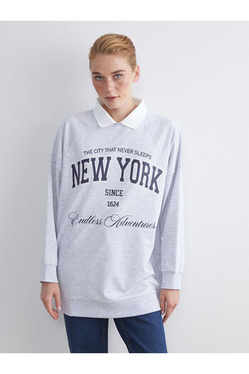 LC Waikiki Gray Shirt Collar Printed Oversize Women's Sweatshirt Tunic