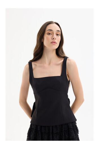 LC Waikiki Square Neck Strap Blouse with Ribbon Detail on the Back Black