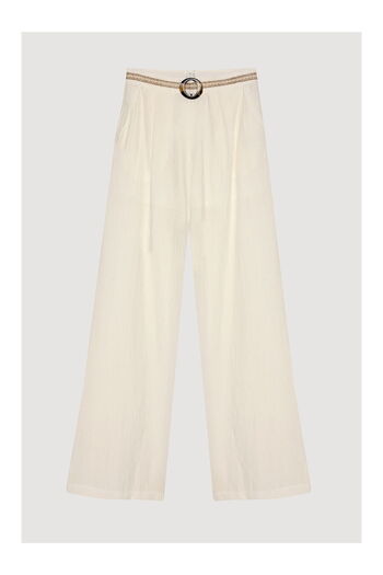 LC Waikiki Embroidered Waist Wide Leg Trousers with Buckle Accessories Ecru