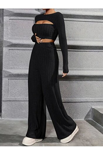 bemmoda Women's Knitted Cotton Strapless Detail Top and Bottom Set