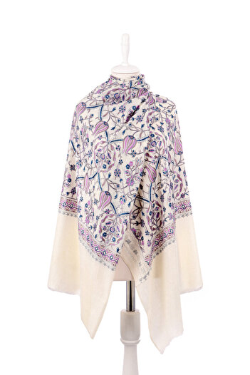 Bursa İpek Cream Lilac Tulip Pattern Embroidered Wool Shawl