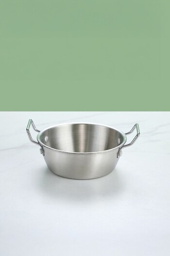 Qerhome 2-Piece Silver Stainless Steel Round Presentation Pan – Serving Dish with Handles Sauce Bowl 15cm (Vd8816M)