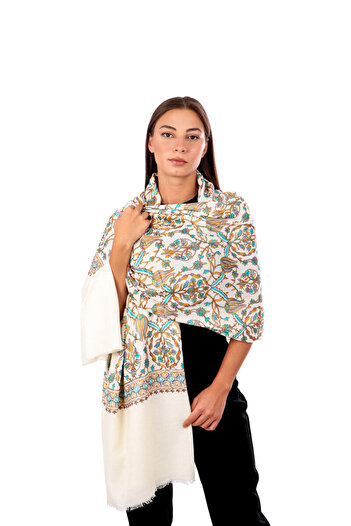 Bursa İpek Cream Gold Tulip Pattern Embroidered Wool Shawl