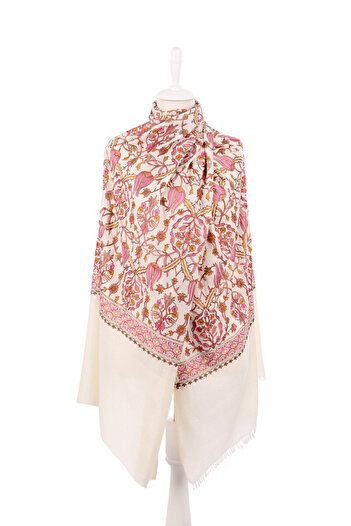 Bursa İpek Cream Pink Tulip Pattern Embroidered Wool Shawl